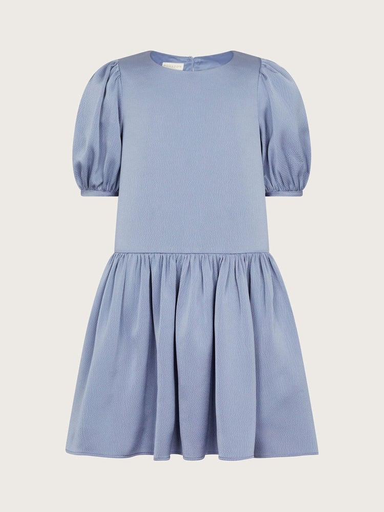 Monsoon Blue Textured Satin Puff Sleeve Dress - Image 1 of 3