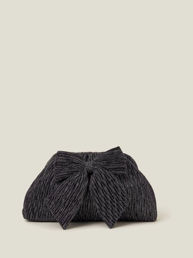 Accessorize Black Metallic Plisse Bow Clutch Bag - Image 1 of 2 Accessorize Black Metallic Plisse Bow Clutch Bag - Image 1 of 2