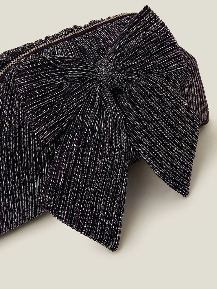 Accessorize Black Metallic Plisse Bow Clutch Bag - Image 2 of 2 Accessorize Black Metallic Plisse Bow Clutch Bag - Image 2 of 2