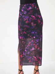 Roman Pink Printed Ruched Mesh Pencil Skirt - Image 3 of 5