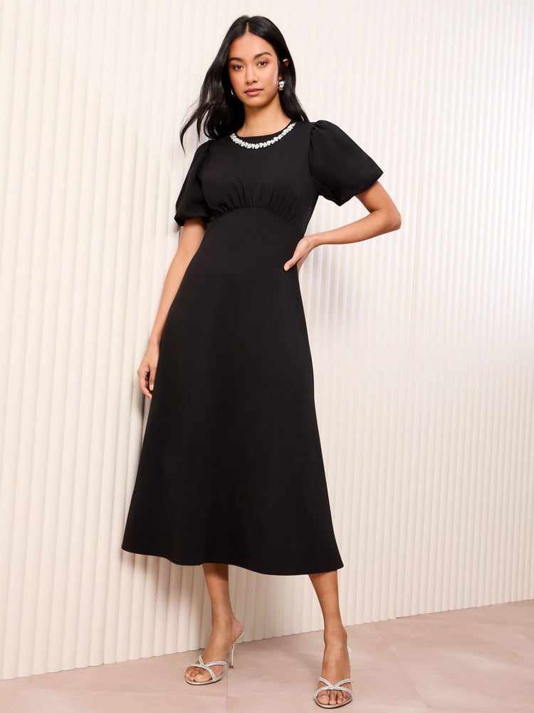Friends Like These Black Scuba Midi Dress With Diamante Necklace Trim - Image 1 of 5