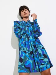 Oliver Bonas Blue Abstract Pleated Mini Dress - Image 1 of 8