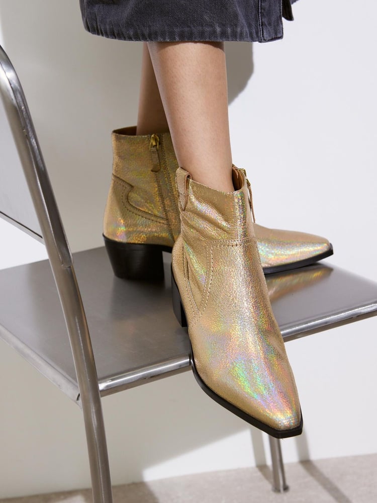 Oliver Bonas Gold Iridescent Heeled Western Cowboy Boots - Image 1 of 8 Oliver Bonas Gold Iridescent Heeled Western Cowboy Boots - Image 1 of 8