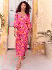 Love & Roses Pink Palm Printed V-Neck Puff Sleeve Midi Dress - Image 1 of 4