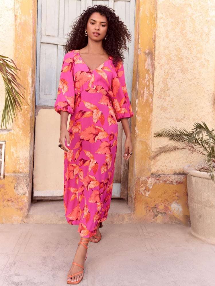 Love & Roses Pink Palm Printed V-Neck Puff Sleeve Midi Dress - Image 1 of 4 Love & Roses Pink Palm Printed V-Neck Puff Sleeve Midi Dress - Image 1 of 4