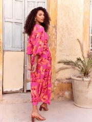Love & Roses Pink Palm Printed V-Neck Puff Sleeve Midi Dress - Image 3 of 4