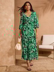 Love & Roses Green Animal Print Printed V-Neck Puff Sleeve Midi Dress - Image 1 of 4