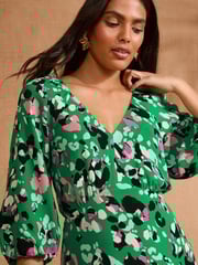 Love & Roses Green Animal Print Printed V-Neck Puff Sleeve Midi Dress - Image 2 of 4