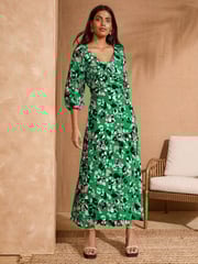 Love & Roses Green Animal Print Printed V-Neck Puff Sleeve Midi Dress - Image 4 of 4