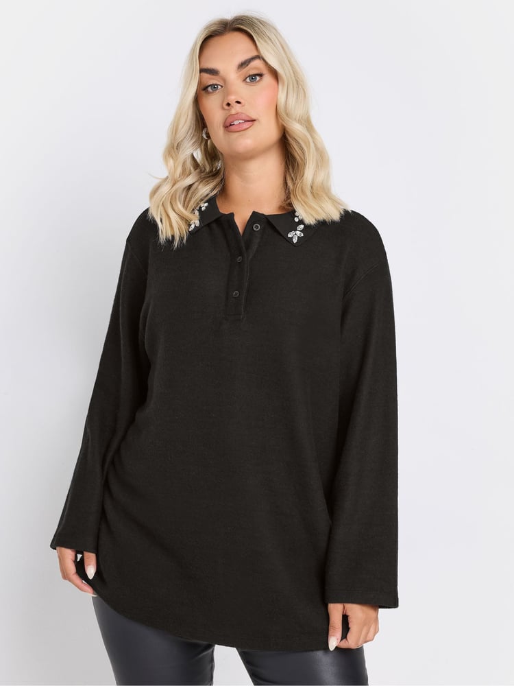 Yours Curve Black Collared Jewel Jumper - Image 1 of 5