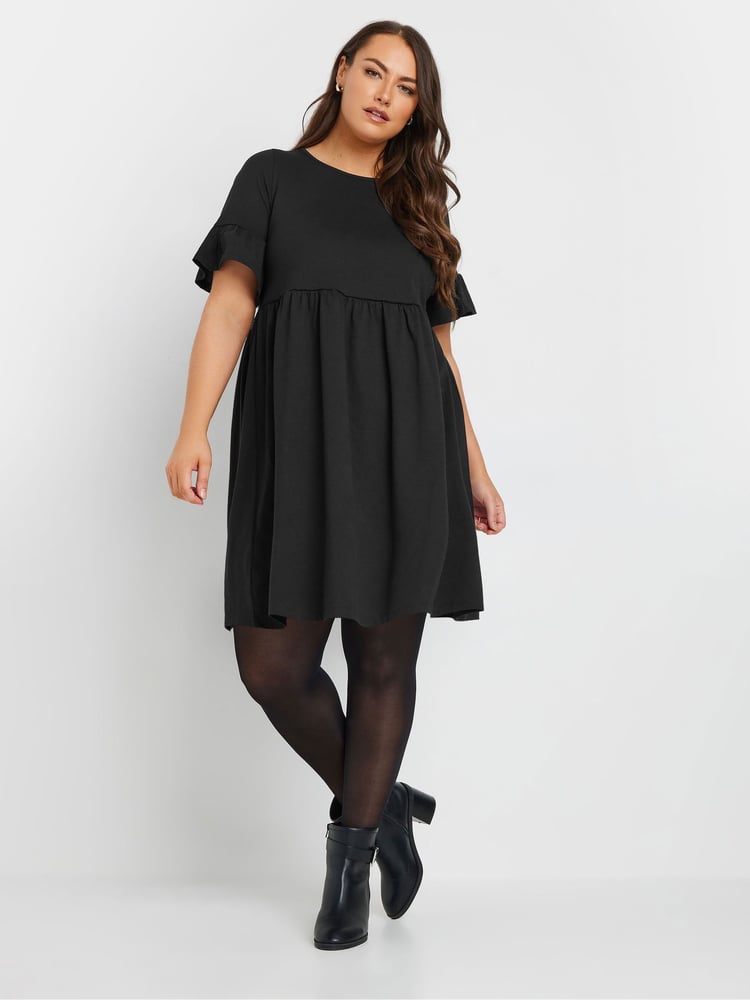Yours Curve Black Frill Sleeve Smock Tunic Dress - Image 1 of 5 Yours Curve Black Frill Sleeve Smock Tunic Dress - Image 1 of 5