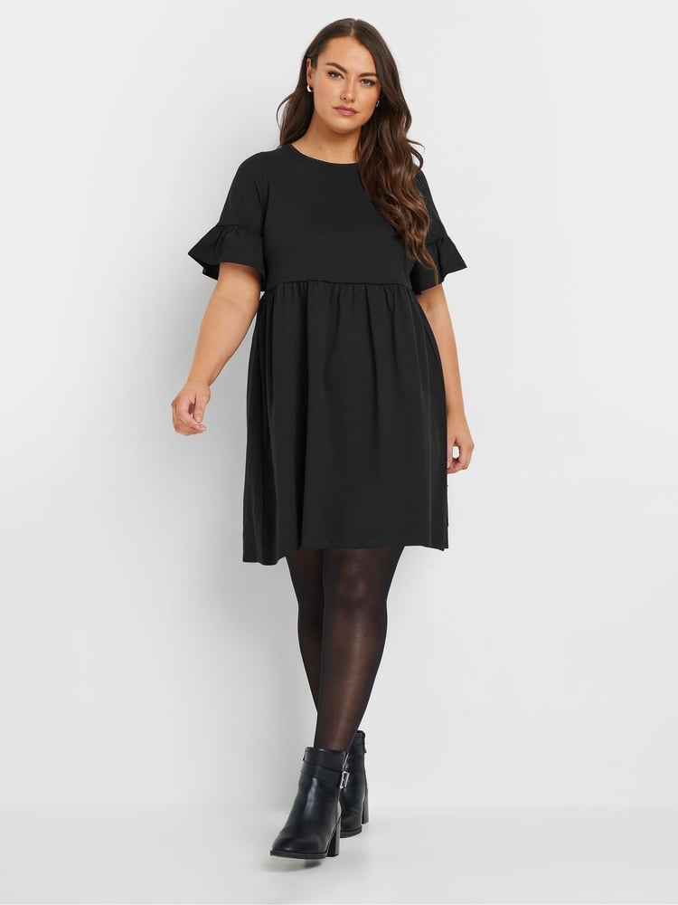 Yours Curve Black Frill Sleeve Smock Tunic Dress - Image 2 of 5 Yours Curve Black Frill Sleeve Smock Tunic Dress - Image 2 of 5
