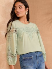 Love & Roses Green Lace Detail Long Sleeve Blouse - Image 1 of 4
