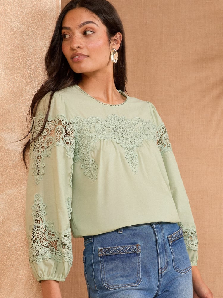 Love & Roses Green Lace Detail Long Sleeve Blouse - Image 1 of 4