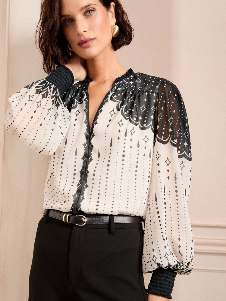 Love & Roses Black/White Petite Printed Notch Neck Button Detail Long Sleeve Blouse - Image 1 of 5