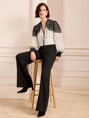 Love & Roses Black/White Petite Printed Notch Neck Button Detail Long Sleeve Blouse - Image 3 of 5