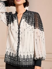 Love & Roses Black/White Petite Printed Notch Neck Button Detail Long Sleeve Blouse - Image 4 of 5