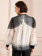 Love & Roses Black/White Petite Printed Notch Neck Button Detail Long Sleeve Blouse - Image 5 of 5