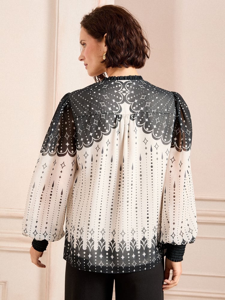 Love & Roses Black/White Petite Printed Notch Neck Button Detail Long Sleeve Blouse - Image 5 of 5