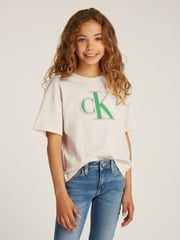 Calvin Klein Cream Monologo Glitter 100% Cotton T-Shirt - Image 1 of 5