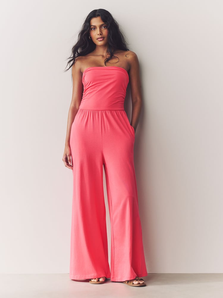 Coral Pink Bandeau Jersey 100% Cotton Jumpsuit - Image 2 of 8