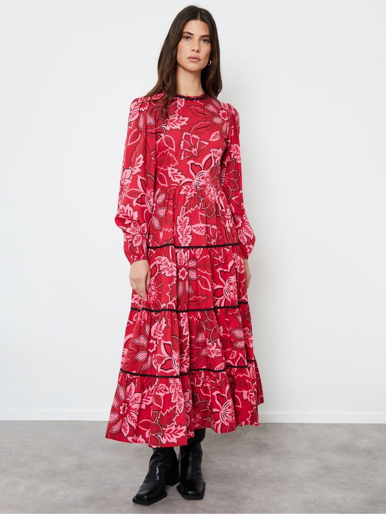 Another Sunday Red Floral Print Poplin Long Puff Sleeve Tiered Smock 100% Cotton Midi Dress - Image 1 of 4