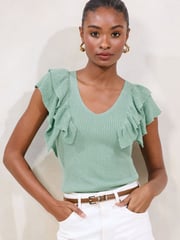 Lipsy Blue Ruffle V-Neck Sparkle Knit Vest Top - Image 1 of 4