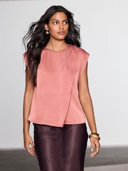 Rose Gold Short Sleeve Crinkle Satin Asymmetric Top - Image 1 of 7
