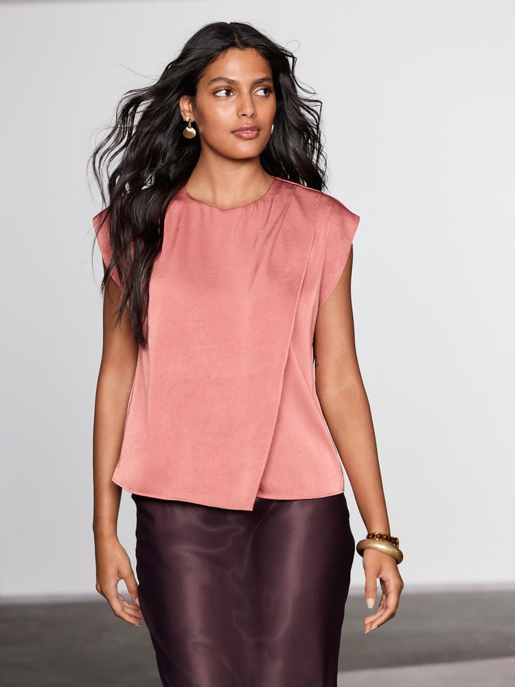 Rose Gold Short Sleeve Crinkle Satin Asymmetric Top - Image 1 of 7