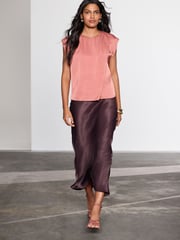 Rose Gold Short Sleeve Crinkle Satin Asymmetric Top - Image 2 of 7