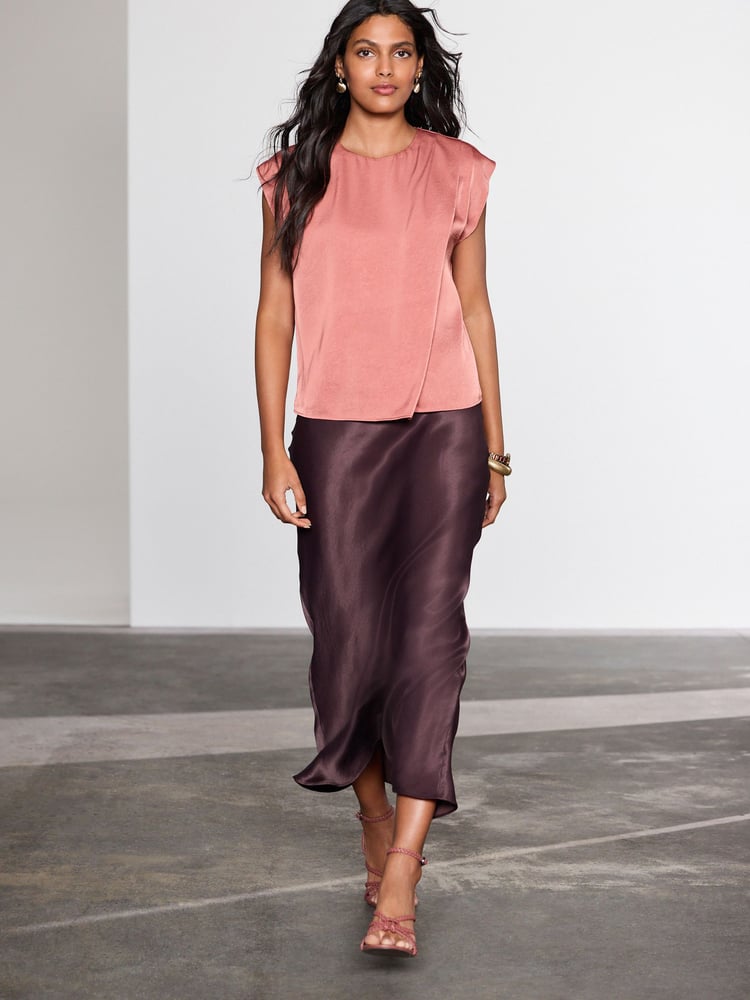 Rose Gold Short Sleeve Crinkle Satin Asymmetric Top - Image 2 of 7
