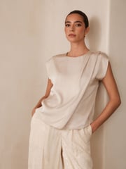 Champagne Gold Short Sleeve Crinkle Satin Asymmetric Top - Image 1 of 5