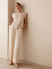 Champagne Gold Short Sleeve Crinkle Satin Asymmetric Top - Image 2 of 5