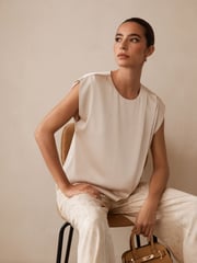 Champagne Gold Short Sleeve Crinkle Satin Asymmetric Top - Image 3 of 5