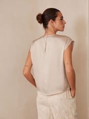 Champagne Gold Short Sleeve Crinkle Satin Asymmetric Top - Image 4 of 5