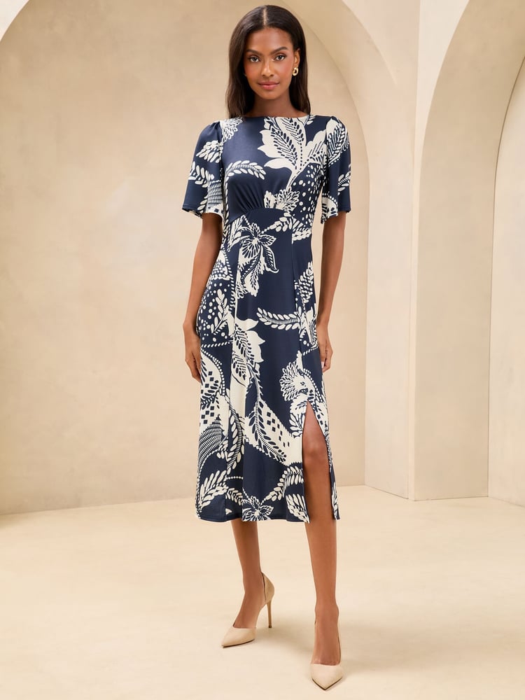 Navy Petite Mixed Print Underbust Jersey Midi Dress - Image 1 of 4