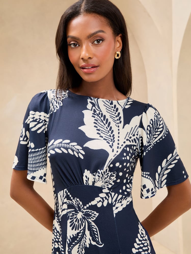 Navy Petite Mixed Print Underbust Jersey Midi Dress - Image 4 of 4