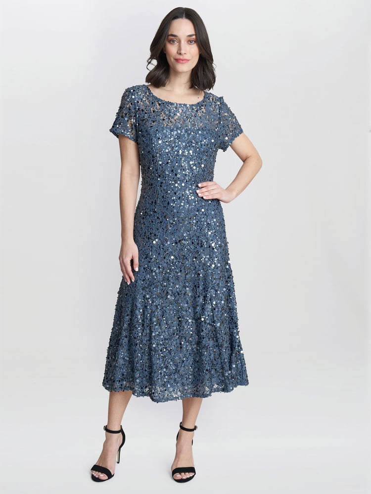 Gina Bacconi Grey Andrea A-Line Dress With Illusion Neckline - Image 1 of 4