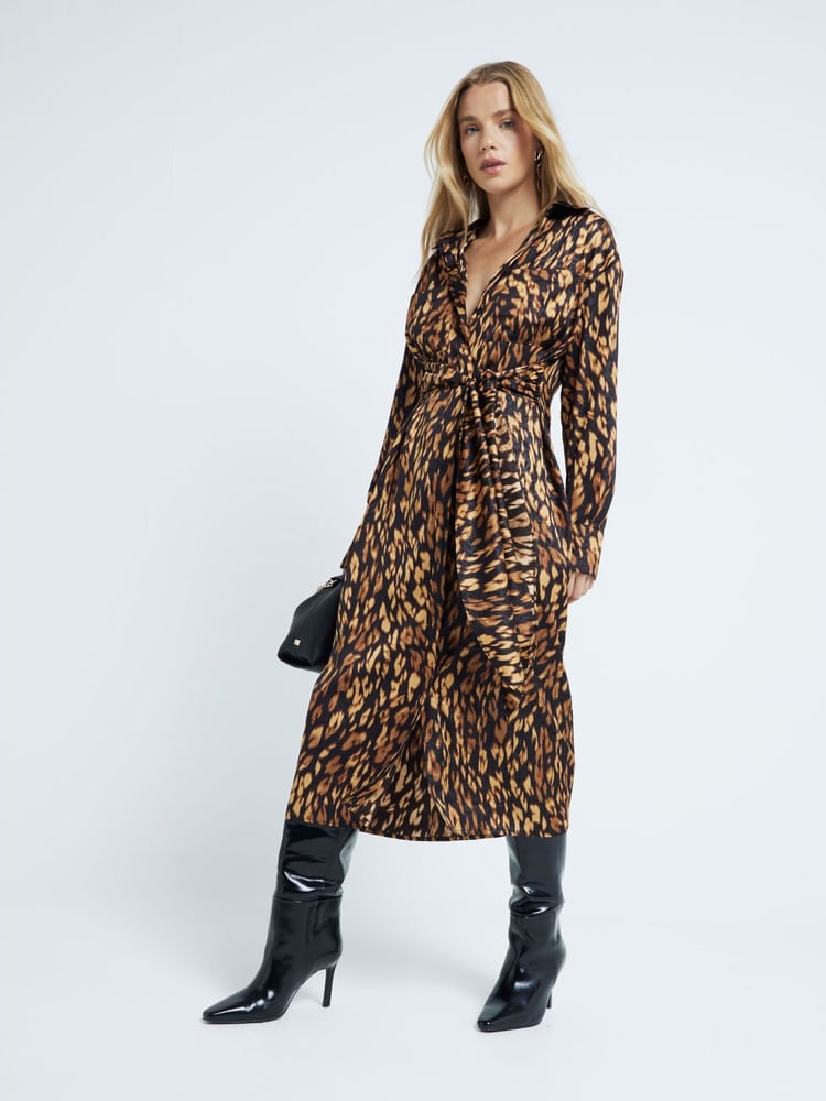 River Island Black Tie Front Shirt Midi Dress - Image 1 of 6 River Island Black Tie Front Shirt Midi Dress - Image 1 of 6