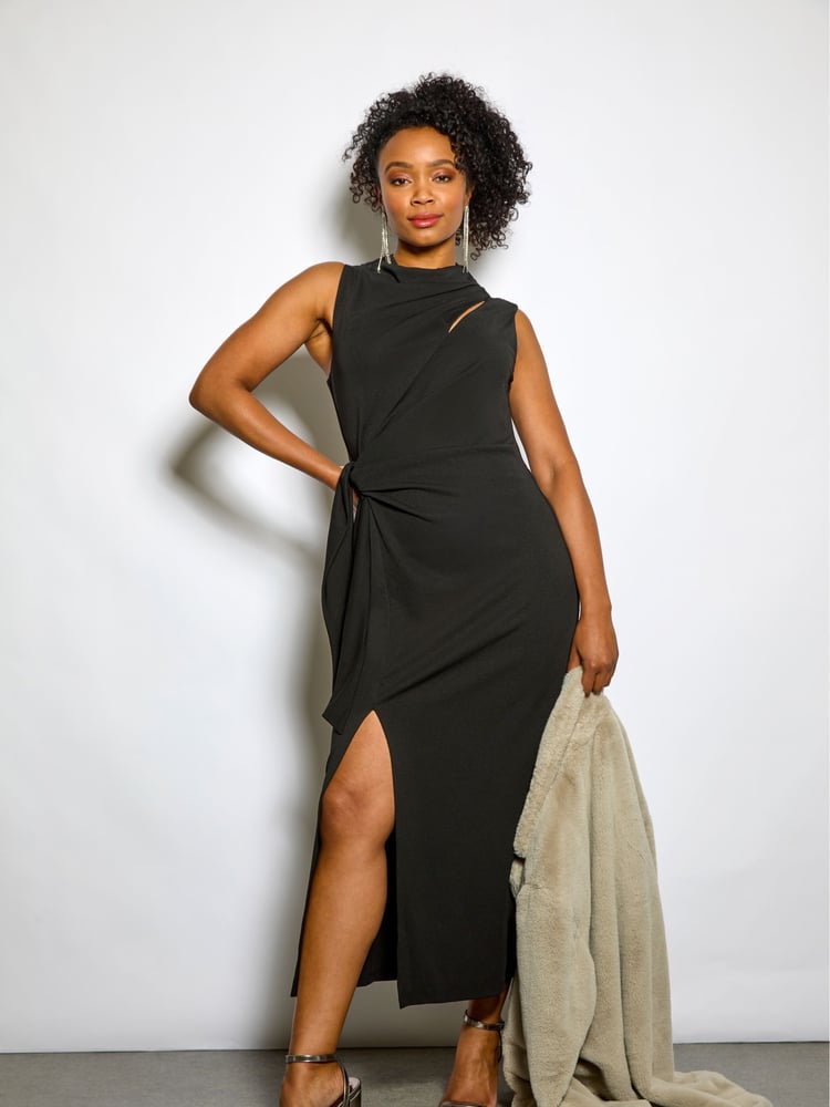 Roman Black Petite Stretch Cowl Neck Wrap Dress - Image 1 of 4