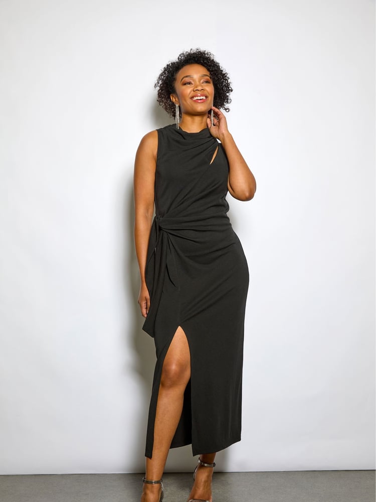 Roman Black Petite Stretch Cowl Neck Wrap Dress - Image 4 of 4
