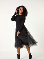 Roman Black Petite Contrast Knit Mesh Dress - Image 1 of 5