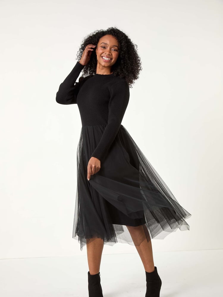 Roman Black Petite Contrast Knit Mesh Dress - Image 1 of 5