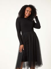 Roman Black Petite Contrast Knit Mesh Dress - Image 2 of 5