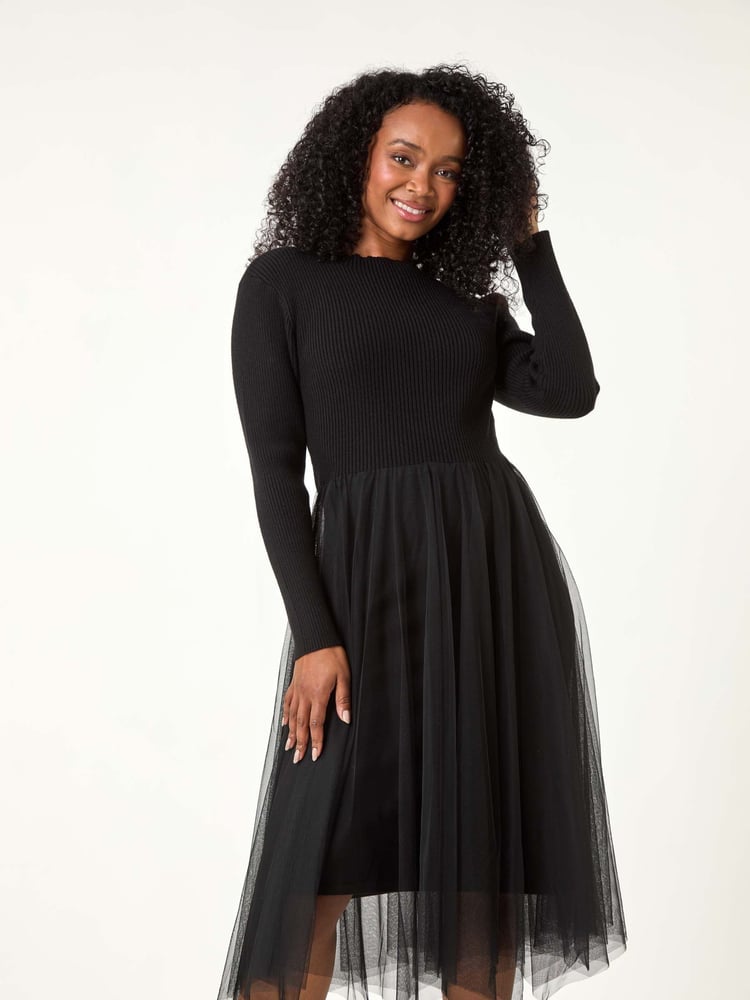 Roman Black Petite Contrast Knit Mesh Dress - Image 2 of 5