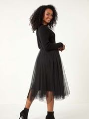 Roman Black Petite Contrast Knit Mesh Dress - Image 3 of 5