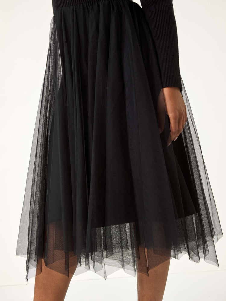 Roman Black Petite Contrast Knit Mesh Dress - Image 5 of 5