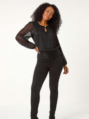 Roman Black Petite Crinkle Keyhole Shimmer Top - Image 4 of 5