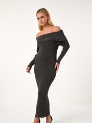 Roman Black Petite Metallic Knit Bardot Midi Dress - Image 1 of 6