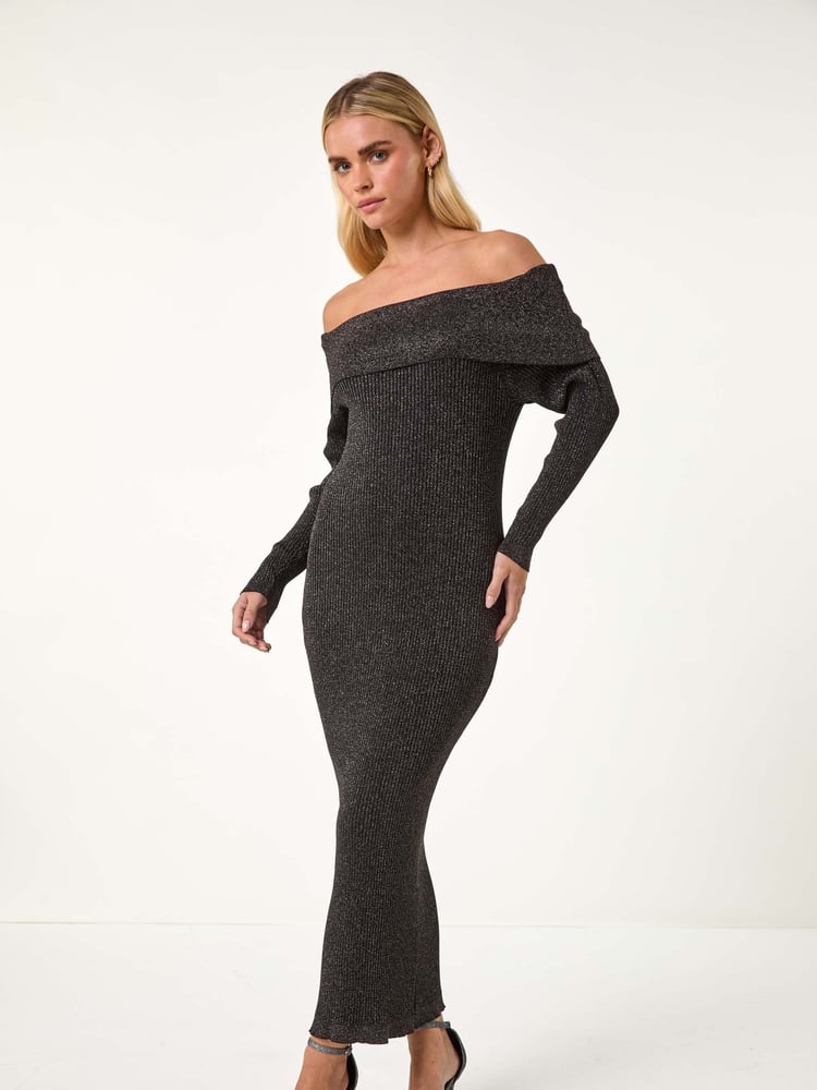 Roman Black Petite Metallic Knit Bardot Midi Dress - Image 1 of 6